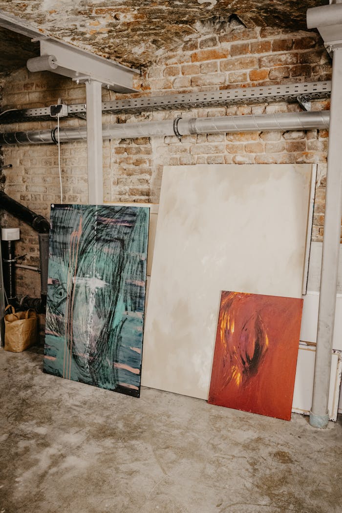 Abstract paintings displayed in an industrial setting with brick walls.