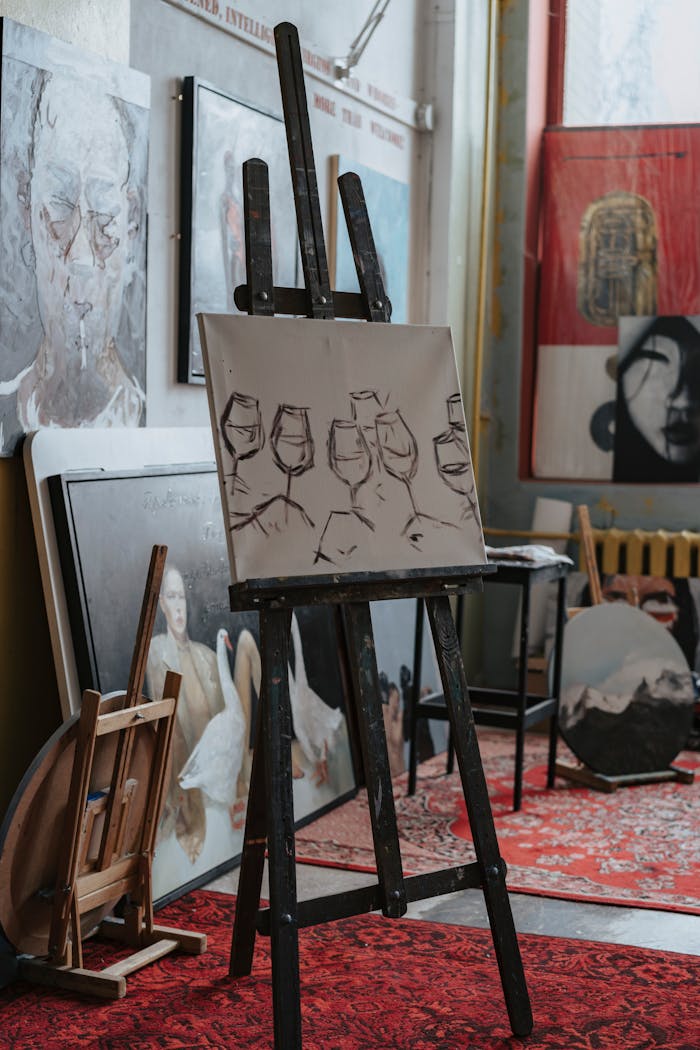 about-us Explore the intricate details of a painter's studio with a canvas on an easel.
